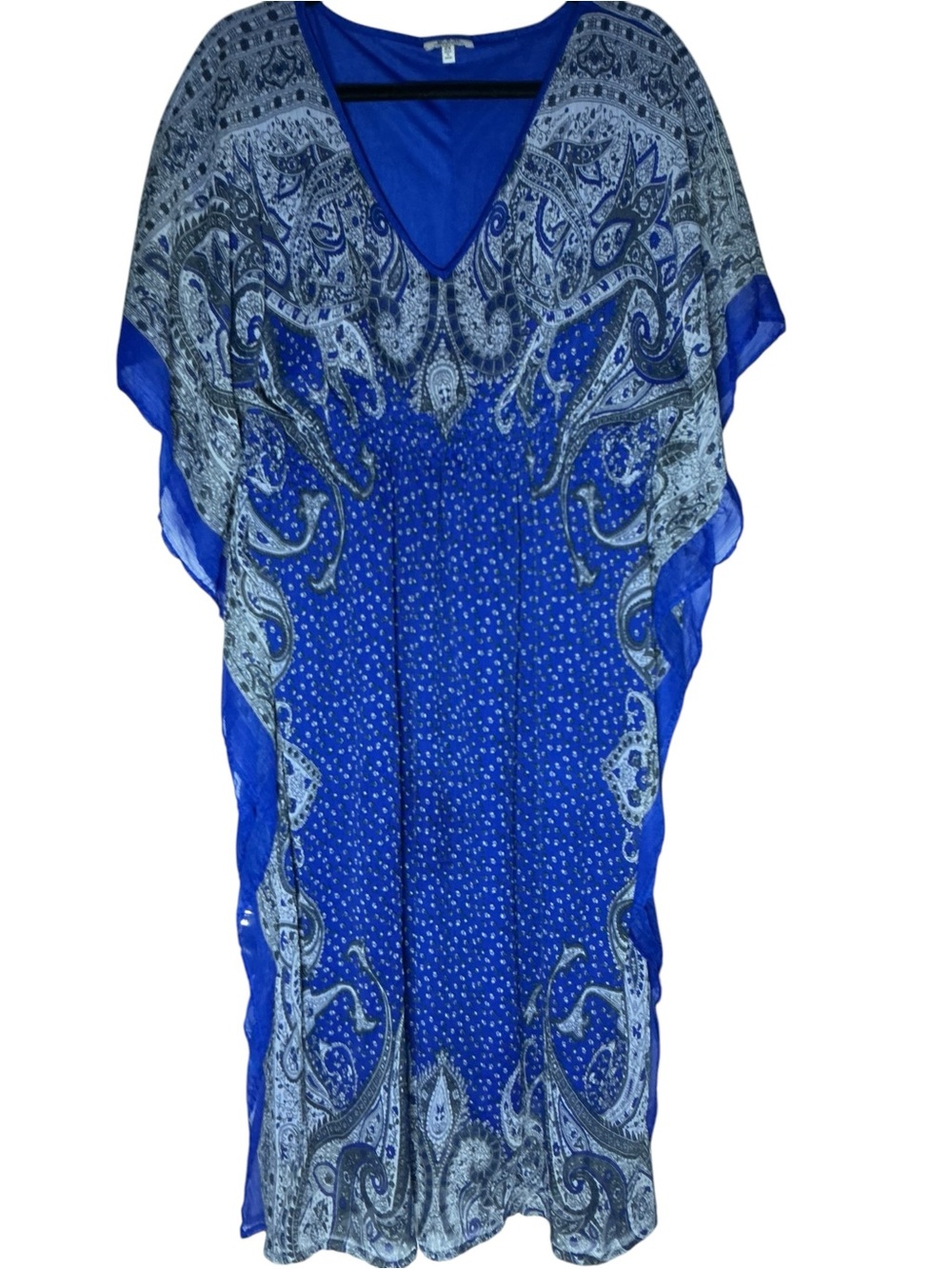 MPH Collection Kaftan Dress Women's 2X Blue Paisley V-Neck Maxi Butterfly Sleeve